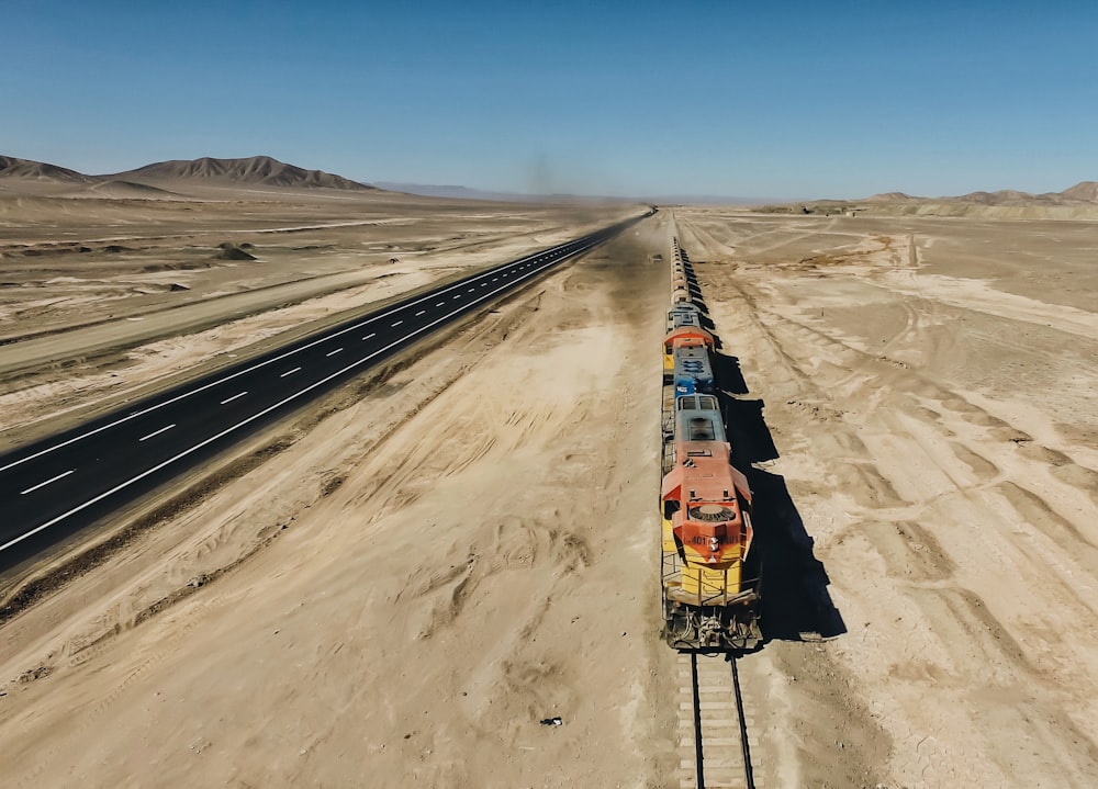 red and blue rail train