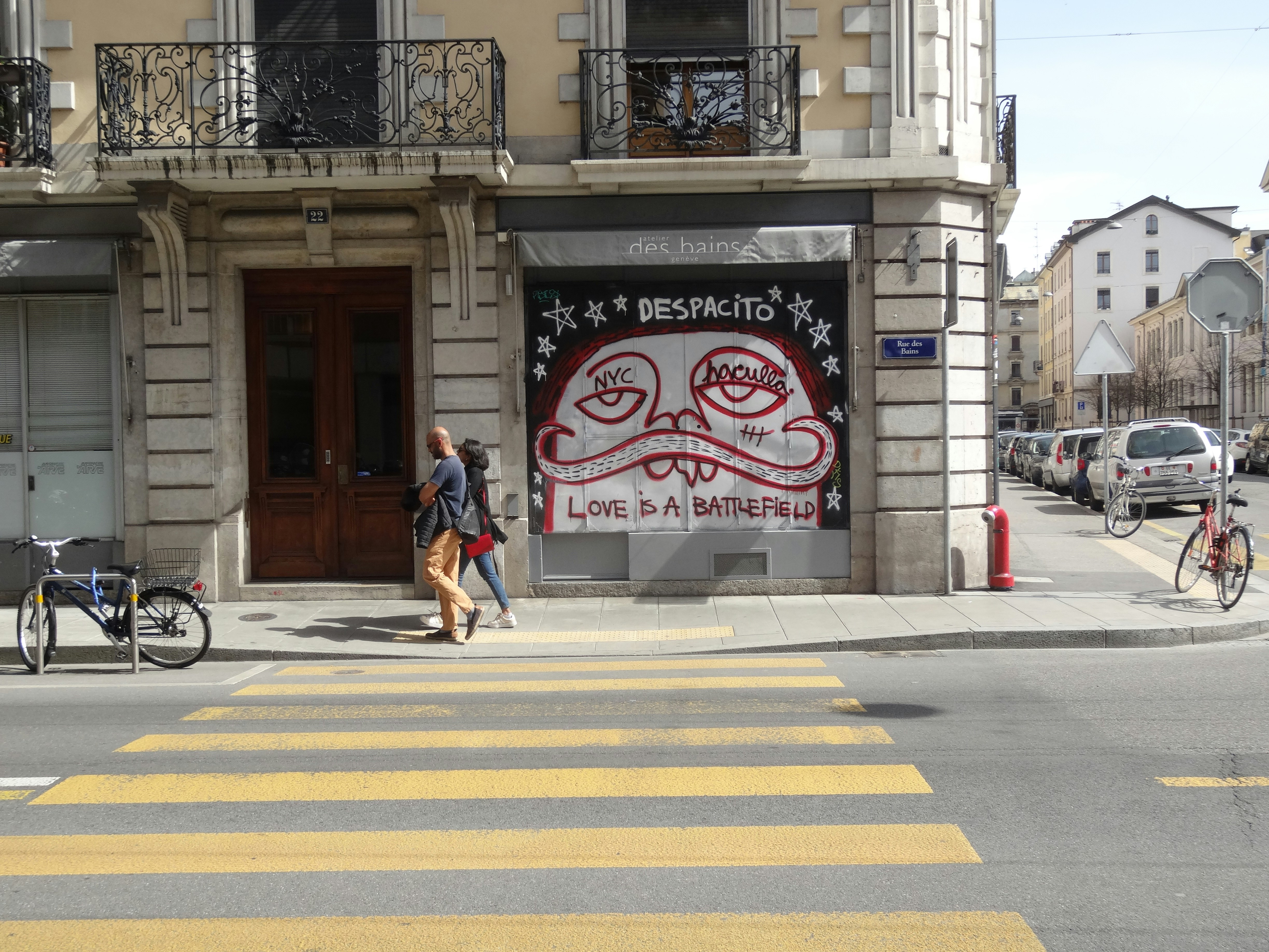 We were trying to catch this street art and just as we were about to, a couple walked round the corner and we thought we could capture them before and after they crossed the ‘battlefield’. Worked a treat.