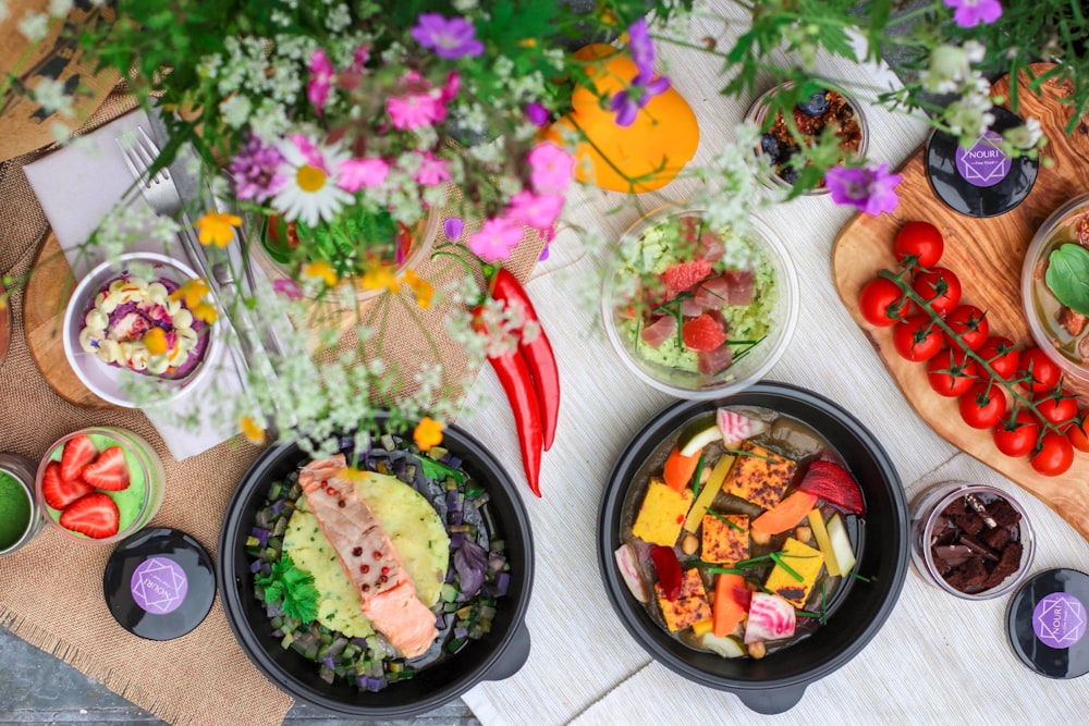 variety of food on mat