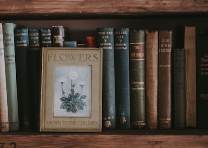 A collection of vintage books lined up on a wooden shelf. The book prominently displayed in front is titled 'Flowers Shown to the Children' with an illustration of flowers on the cover. The spines of the other books show textured and worn surfaces, and they vary in color and size, indicating age and use.