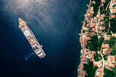 Aerial view of a large cruise ship sailing in deep blue water near a coastal area with residential buildings surrounded by greenery.