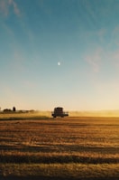 A lone combine harvester operates in a vast golden field under a clear blue sky. The horizon is visible in the distance, with a faint crescent moon hanging above. Dust trails softly behind the harvester as it moves through the crop.