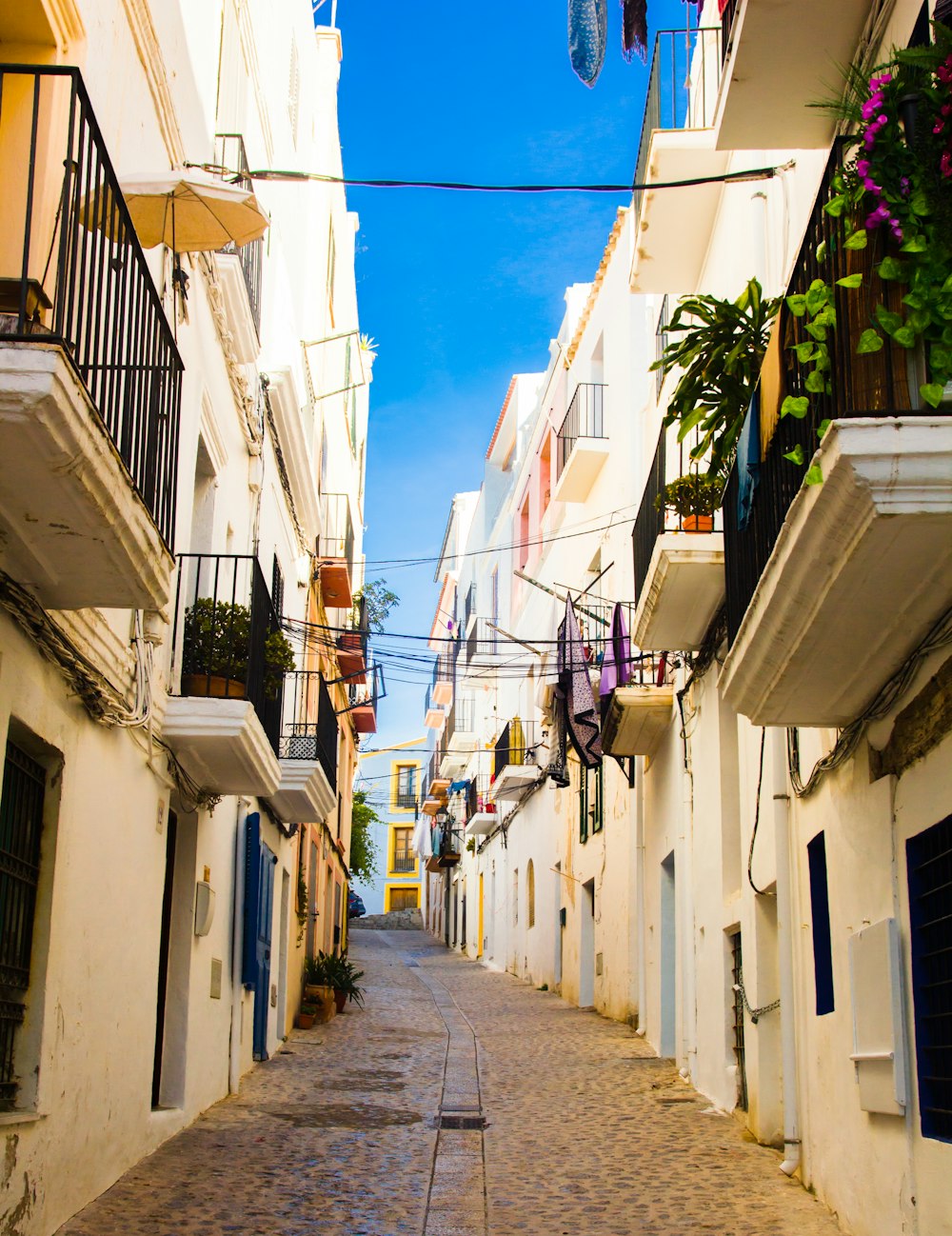 beco entre edifícios de concreto branco sob o céu azul durante o dia