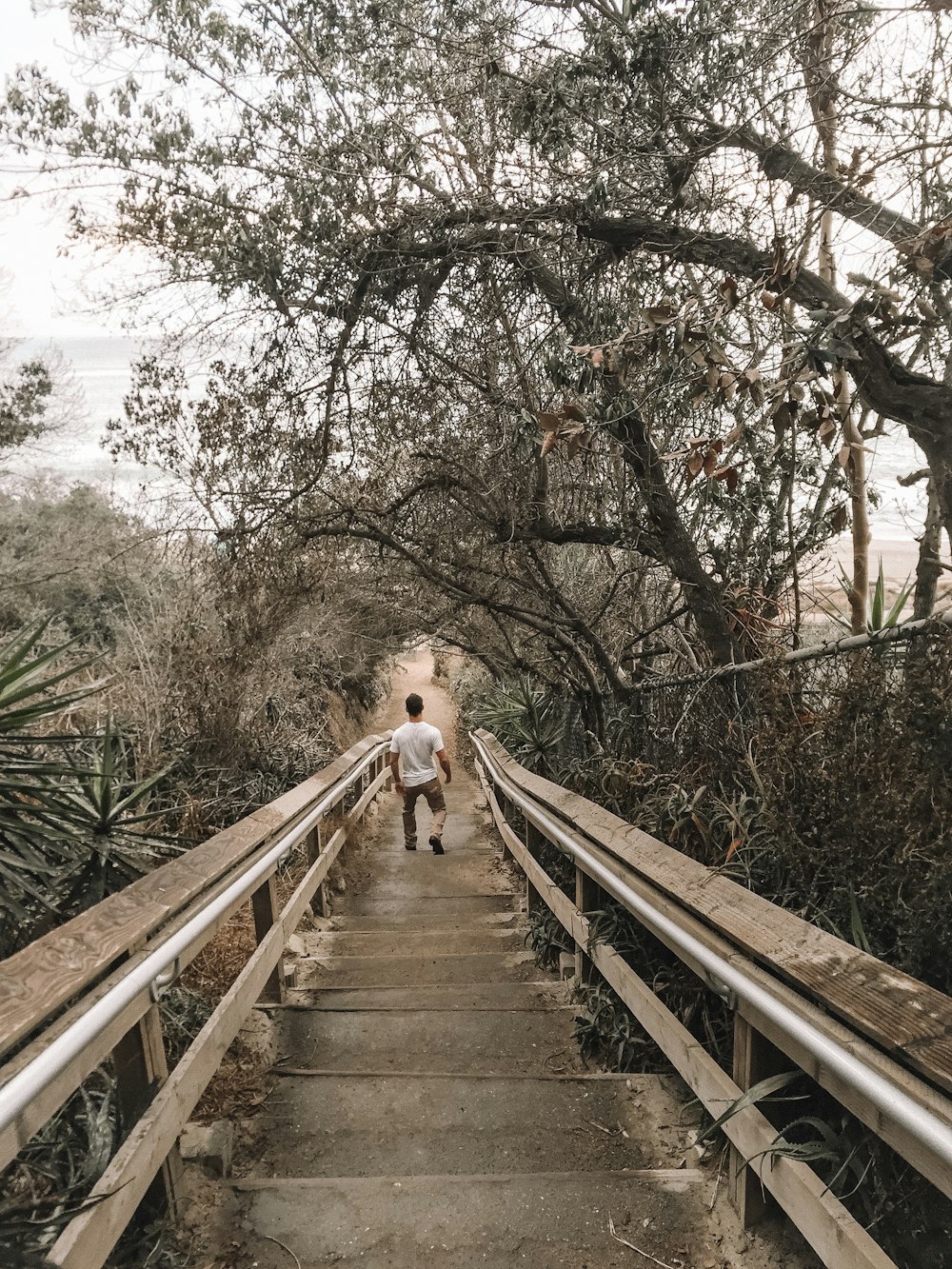 man walking down on gray staircase