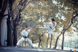two men performing karate near trees during daytime