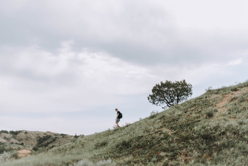 person standing on green grass mountain at day time