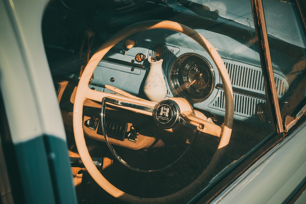 view of classic brown vehicle steering wheel