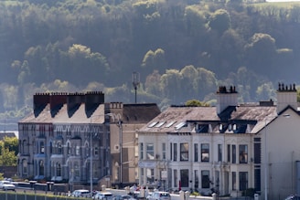 A row of classic townhouses with distinct architectural details, chimneys, and slate roofs sit beneath a lush, wooded hillside. The houses feature large windows and the street appears to be busy with cars parked along the road.
