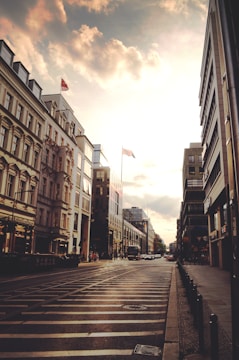 A candid street photo showing vibrant city life at golden hour.