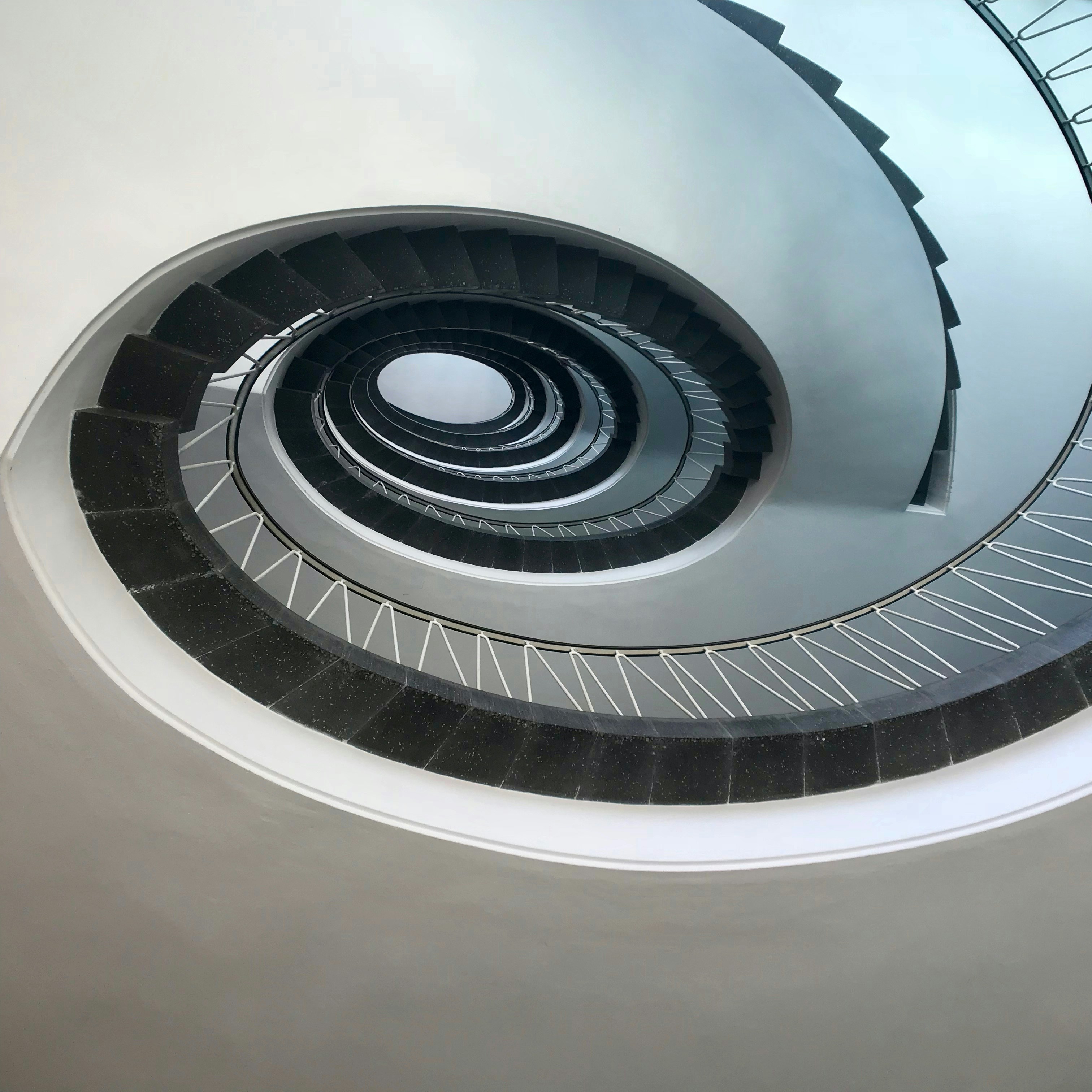 great photo recipe,how to photograph this is a staircase in a public building in munich, germany. it looks quite amazing from the bottom.; black and white spiral stairs