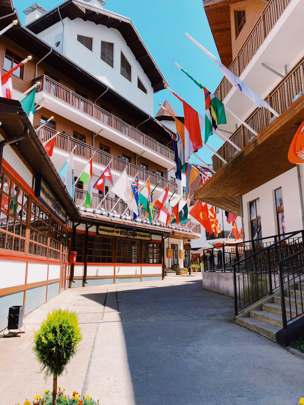 drapeaux assortis sur les bâtiments bruns et blancs pendant la journée