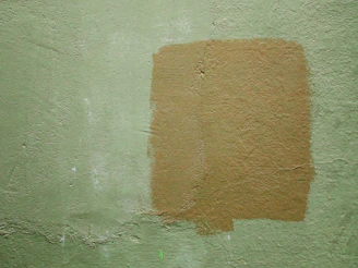 Artist applying textured plaster on a wall with green khaki accents in a cozy room.