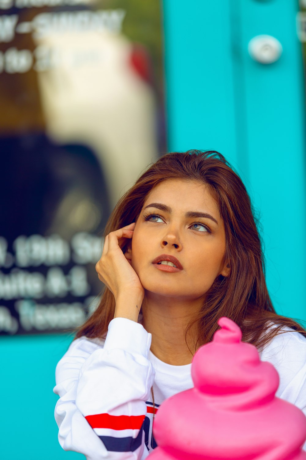 woman looking up for photo shoot