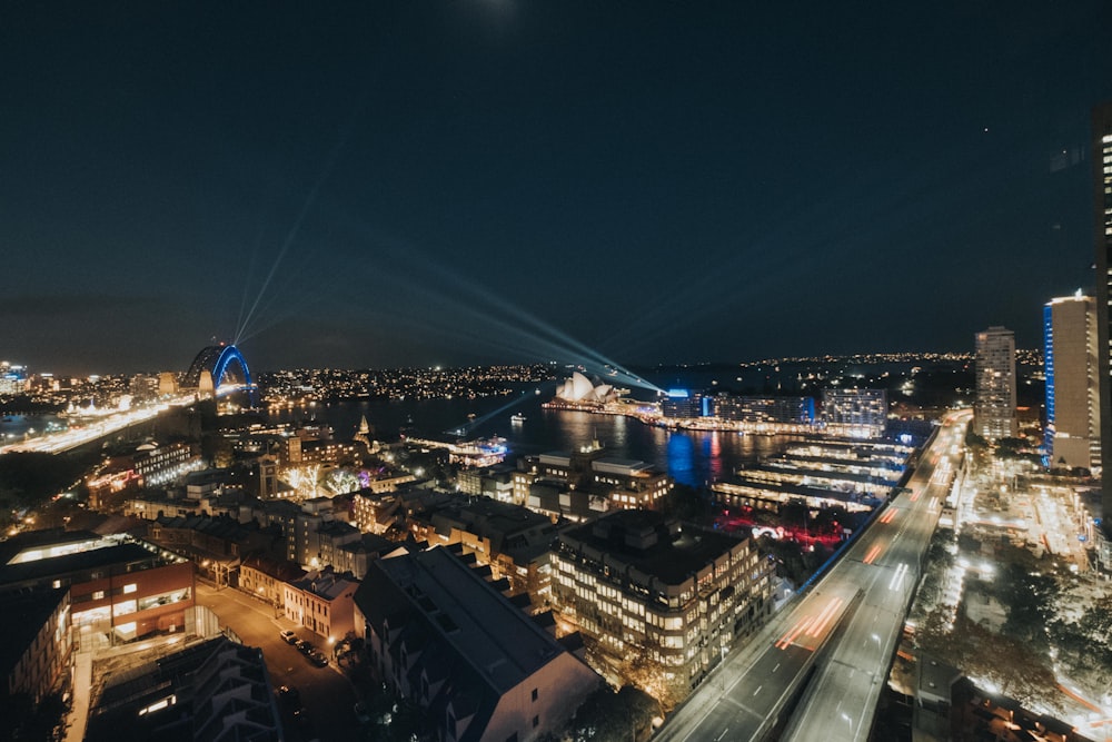 aerial photo of buildings at nighttime