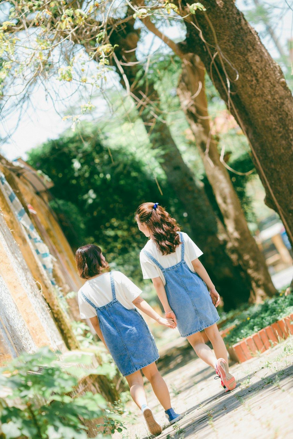 two women walking while holdings hands besides trees