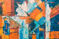 A bold abstract composition featuring geometric shapes and a rich palette, perfect for modern interiors.