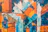 A vibrant canvas wrap featuring abstract shapes brightening a modern hotel lobby.