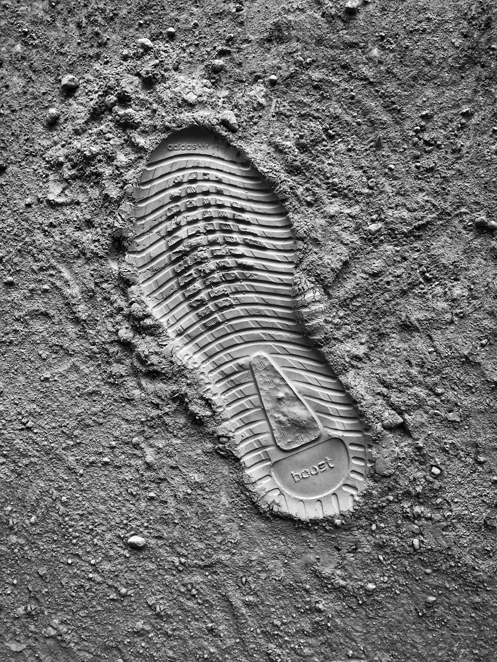 Foto en escala de grises de la impresión de la suela de la zapatilla