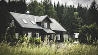 A rustic wooden house nestled amidst dense greenery with a forest in the background. The house features a steep, dark roof and multiple windows, surrounded by tall grass and shrubs.