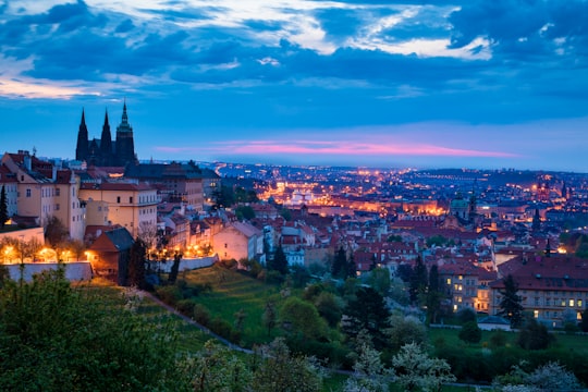 aerial view of city during night time in Prague Castle Czech Republic