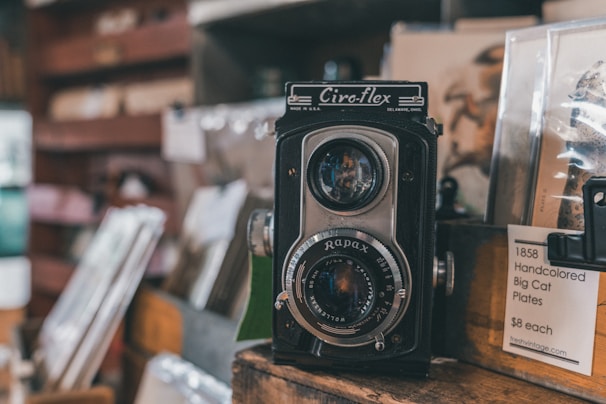 A vintage twin-lens reflex camera is prominently displayed, surrounded by various antique items. The camera has a classic design with two lenses and a distinct brand logo on top. Nearby, there are art prints and a price tag listing collectible plates for sale. The background features blurred objects, enhancing the focus on the camera.