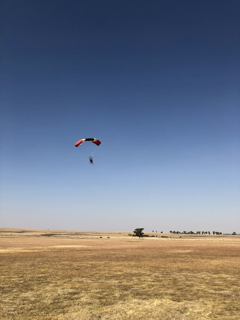 man riding on red and black parachute