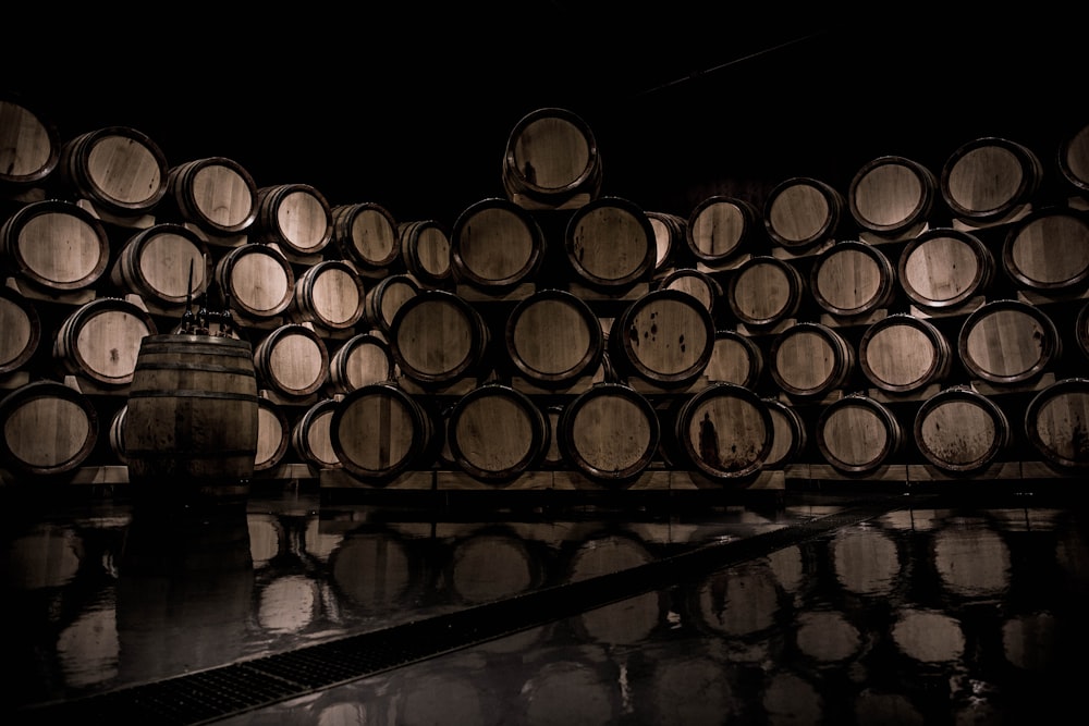 lote de barriles de vino de madera marrón
