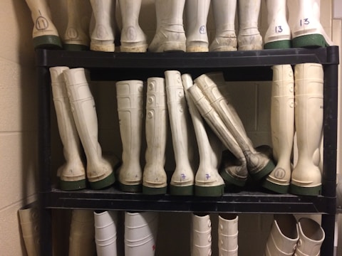 A neatly organized black shelf holds multiple pairs of tall rubber boots, primarily white with green soles. The boots are arranged in rows with some pairs labeled by numbers. The setting appears to be a utilitarian or industrial storage space with beige walls and some visible numbering on the boots.