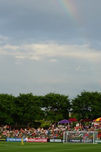 A soccer match is taking place with spectators sitting on a grassy hill behind a goalpost. A player in yellow is visible on the field. Various advertisements, including 'Nike Soccer', are displayed along the sidelines. Trees border the background, and a faint rainbow is visible in the cloudy sky.