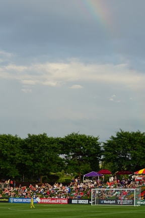 A soccer match is taking place with spectators sitting on a grassy hill behind a goalpost. A player in yellow is visible on the field. Various advertisements, including 'Nike Soccer', are displayed along the sidelines. Trees border the background, and a faint rainbow is visible in the cloudy sky.