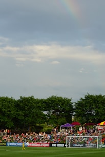 A soccer match is taking place with spectators sitting on a grassy hill behind a goalpost. A player in yellow is visible on the field. Various advertisements, including 'Nike Soccer', are displayed along the sidelines. Trees border the background, and a faint rainbow is visible in the cloudy sky.