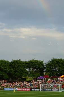 A soccer match is taking place with spectators sitting on a grassy hill behind a goalpost. A player in yellow is visible on the field. Various advertisements, including 'Nike Soccer', are displayed along the sidelines. Trees border the background, and a faint rainbow is visible in the cloudy sky.