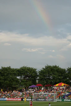 A community gathered around a local football pitch, celebrating together.
