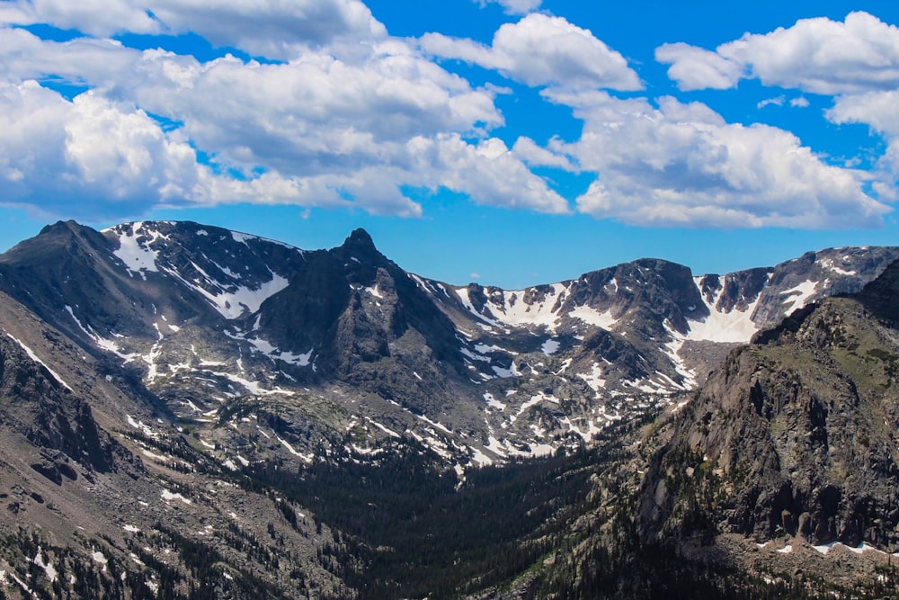 snow covered mountains under cloudy skies