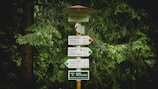 A wooden signpost in a forest surrounded by dense green foliage. The signpost has multiple directional signs with various distances and names of locations written in Czech. It appears to be a hiking or trekking guide.