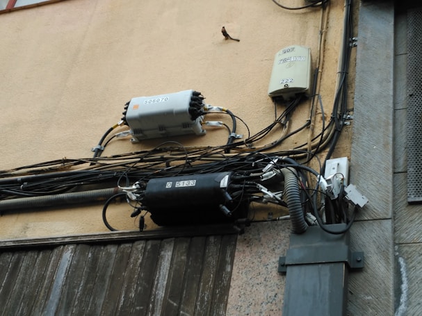 A wall with electrical and telecommunications equipment, including several distribution boxes and a network of intricately arranged cables. A small bird is perched near the top section of the wires.
