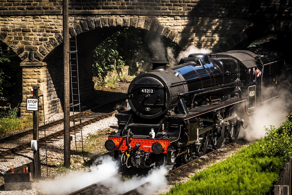 black and blue train running near the tunnel