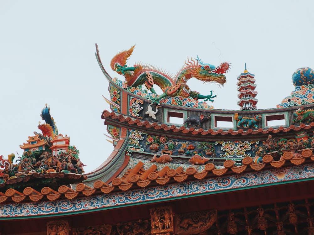 person taking photo of green and orange dragon temple