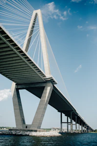 white suspension bridge on water