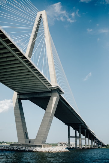 white suspension bridge on water