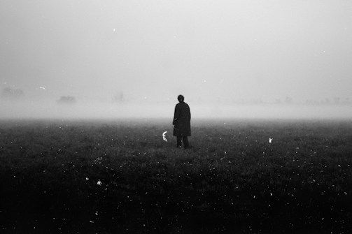 A solitary figure stands in an open field covered with grass, surrounded by a dense fog that obscures the background. The image has a grainy texture, enhancing its atmospheric and mysterious quality.