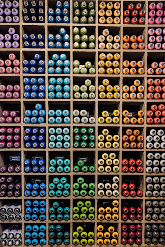 A vibrant display of colorful paint cans stacked neatly inside a cozy Madurai paint shop.