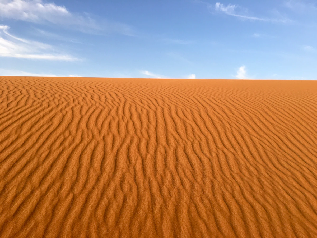 Wind ripples on a sand dune in Errachidia province, under a blue sky with a few clouds