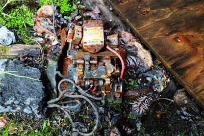A rusted, old mechanical device lies on the ground surrounded by vegetation and debris. The device has several exposed wires and components, indicating it was once part of an electrical system. The ground around it is covered with leaves, moss, and various natural elements, suggesting it is in a state of decay.