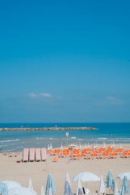 A serene beach setting featuring rows of orange lounge chairs and white and blue umbrellas neatly arranged on the sandy shoreline. Calm ocean waves can be seen in the background, with a rocky breakwater extending into the sea. The sky is clear and blue, adding to the tranquil atmosphere.