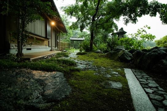 A peaceful garden scene with a stone path leading to a traditional wooden building. Lush greenery and moss cover the ground, and trees with dense foliage provide a serene atmosphere. There is a stone lantern visible in the background, adding to the tranquil and natural setting. Soft lighting from the house enhances the calm mood.