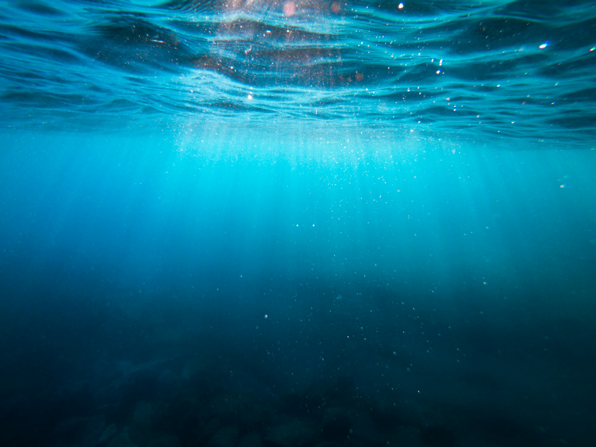 Light enters a pool of water, just under the surface, shown from below