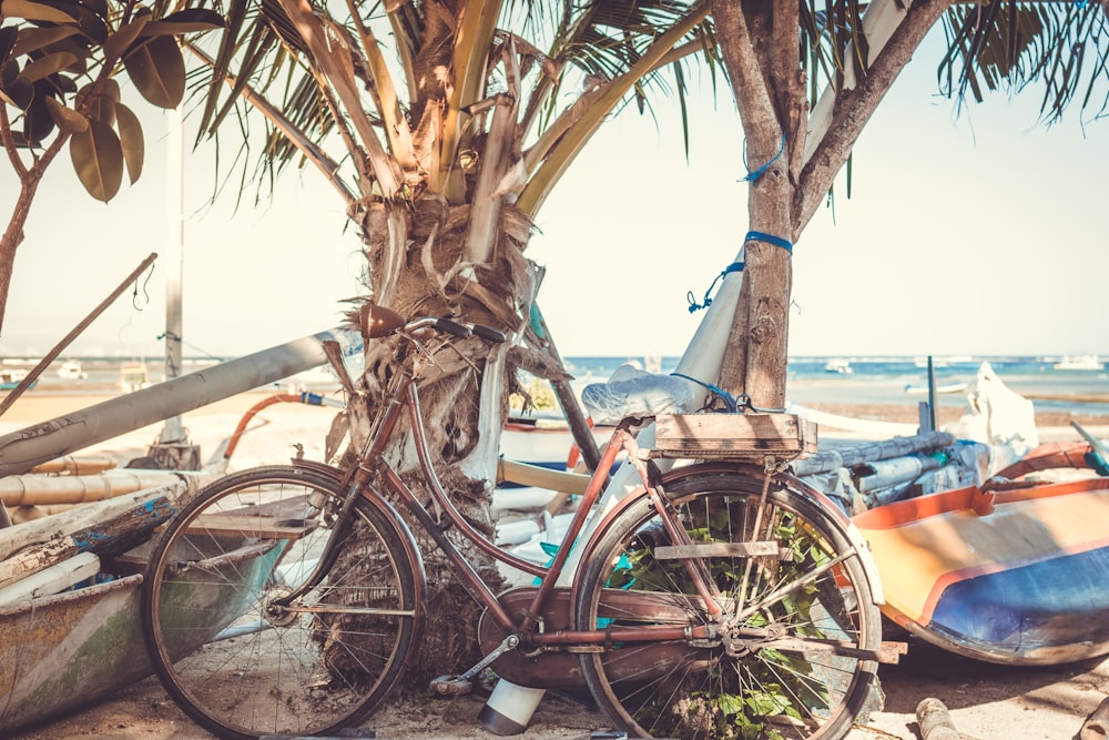 vélo à cadre pas à pas marron s’appuyant sur un arbre