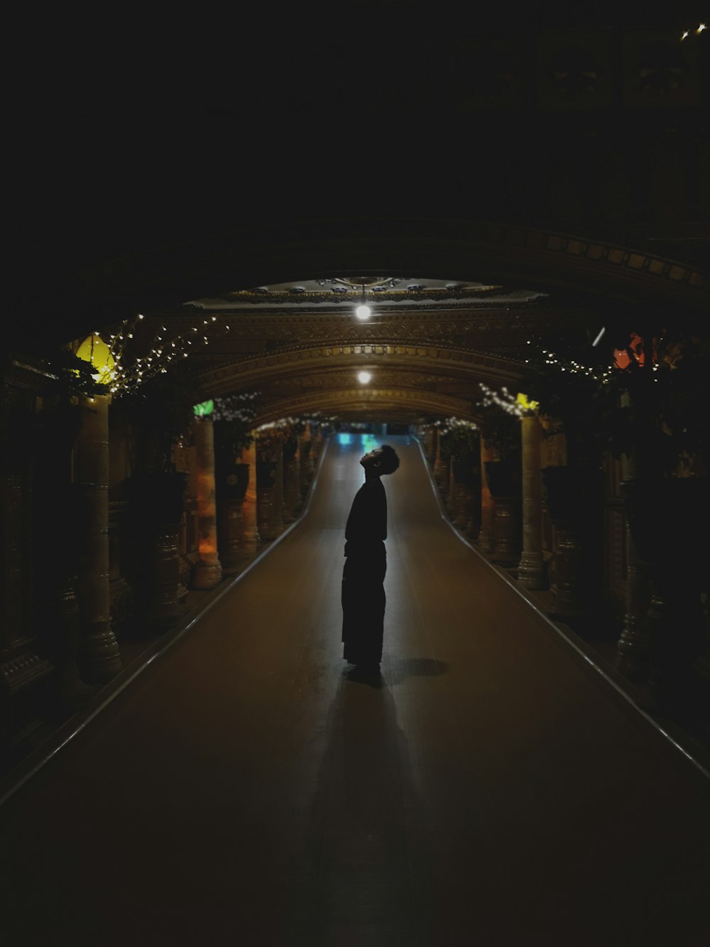 man standing inside brown wooden tunnel