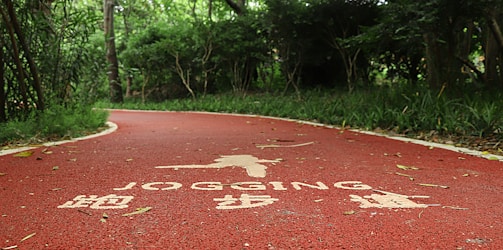 A winding red jogging path runs through a lush, green forest area. The path has white text and symbols painted on its surface, indicating it's designated for jogging. Trees and bushes line the path, providing a sense of enclosure and natural serenity.